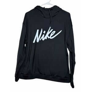 Nike Black White Script Logo Pullover Hoodie Sweatshirt Medium Oversized